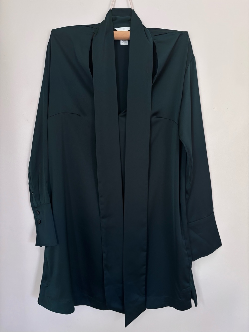 H&M Satin Look Dark Green Long Sleeve Shift Dress with Bow | Small | Retro